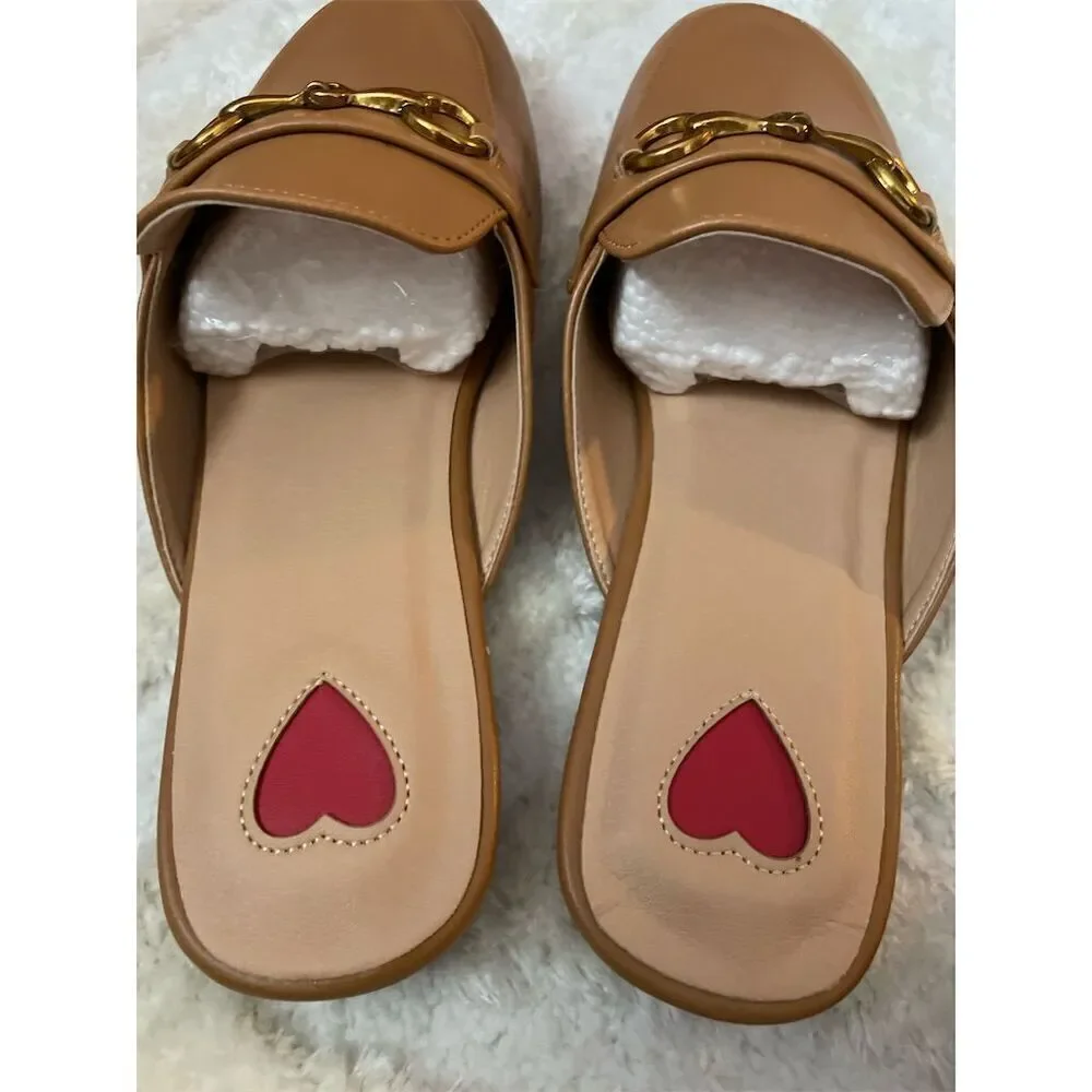 Women's Brown Leather Slip-On Mules Size 7.5 w/ Buckle & Heart Accent - Picture 6 of 8